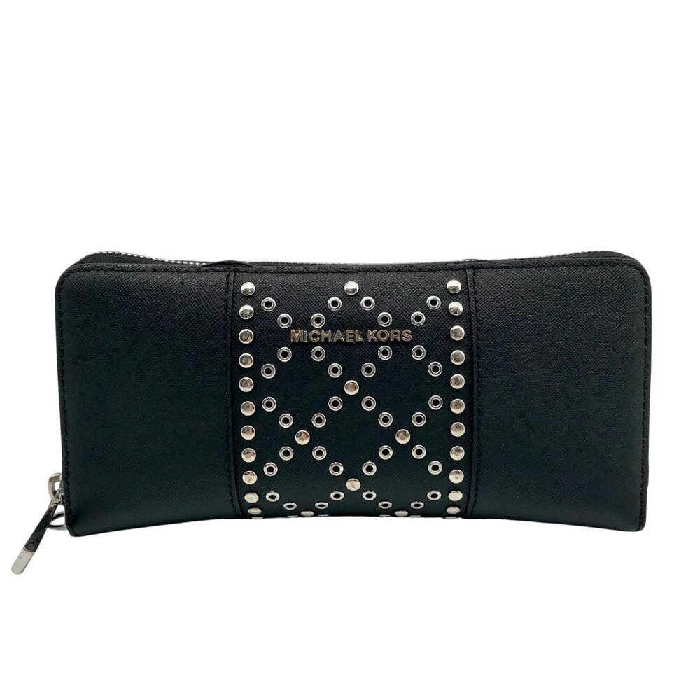 Michael Kors Black Saffiano Leather Studded Zip Around Wristlet Wallet